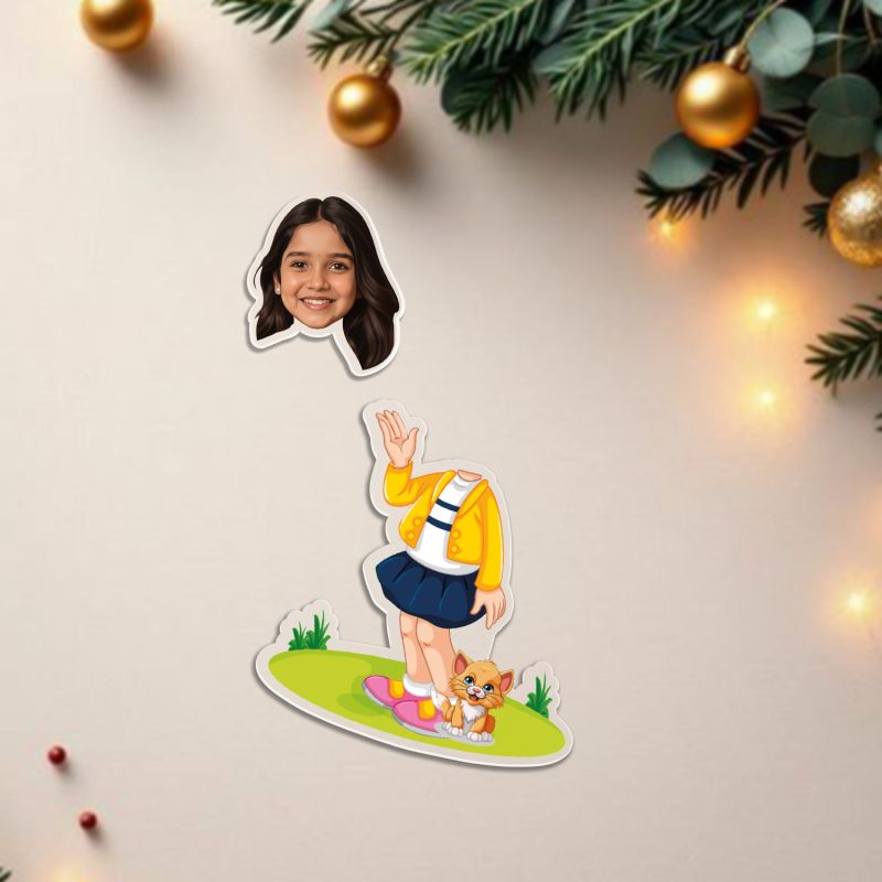 Personalized Cartoon Theme Funny Face Caricature Birthday Return Gift for Kids, Girls & Boys Solar Powered Moving Head for Car Dashboard & Table Decor (Girl with Cat)